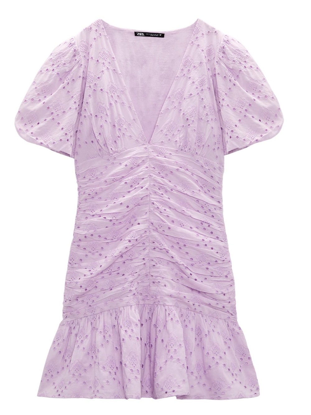 Zara Lilac Ruched Eyelet V‑Neck Mini Dress